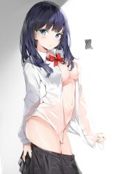 Rule 34 | 10s, 1girl, black hair, black skirt, blue eyes, blush, bow, bowtie, breasts, cleavage, closed mouth, clothes pull, commentary request, dress shirt, gradient background, grey background, gridman universe, head tilt, highres, long hair, long sleeves, looking at viewer, medium breasts, navel, pleated skirt, red bow, red bowtie, shirt, silver (chenwen), skirt, skirt pull, sleeves past wrists, solo, ssss.gridman, takarada rikka, undressing, white background, white shirt