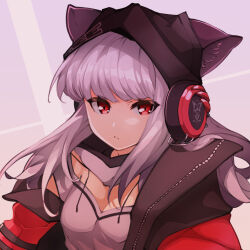 Rule 34 | 1girl, animal ears, arknights, breasts, cleavage, diamond-shaped pupils, diamond (shape), ears through headwear, fox ears, fox girl, frostleaf (arknights), frown, grey background, grey hair, grey shirt, haku (grimjin), headphones, highres, implied extra ears, jacket, long hair, long sleeves, looking at viewer, open clothes, open jacket, red eyes, red jacket, shirt, simple background, small breasts, solo, symbol-shaped pupils, upper body