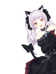 Rule 34 | 1girl, absurdres, animal ear fluff, animal ears, black dress, black tail, cat tail, choker, detached sleeves, dress, frilled choker, frilled dress, frilled ribbon, frilled sleeves, frills, gothic lolita, grey hair, hair ribbon, highres, hololive, juliet sleeves, lolita fashion, long sleeves, looking at viewer, medium hair, murasaki shion, murasaki shion (gothic lolita), off-shoulder dress, off shoulder, peeking out, puffy sleeves, ribbon, simple background, solo, tail, twintails, virtual youtuber, white background, yellow eyes, zapik