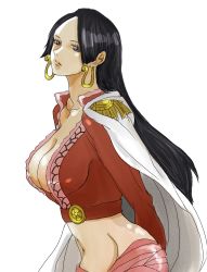 Rule 34 | 1girl, amazon lily, amazon warrior, black hair, boa hancock, breasts, cape, cleavage, earrings, female focus, highres, jacket, jewelry, long hair, looking at viewer, navel, one piece, red jacket, red shirt, sash, shirt, simple background, solo, white background
