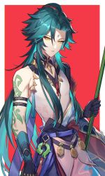 Rule 34 | 1boy, absurdres, ahoge, arm tattoo, bead necklace, beads, black hair, closed mouth, facial mark, forehead mark, genshin impact, gloves, green hair, highres, hisehisekin, jewelry, long hair, male focus, multicolored hair, necklace, simple background, solo, tattoo, xiao (genshin impact), yellow eyes