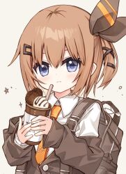 Rule 34 | 1girl, backpack, bag, black jacket, black ribbon, blue eyes, blush, brown hair, closed mouth, collared shirt, commentary request, cookie, cup, disposable cup, drinking straw, food, grey background, hair between eyes, hair ornament, hair ribbon, hairclip, holding, holding cup, ice cream, jacket, looking at viewer, lucena winter, necktie, off shoulder, one side up, orange necktie, original, ribbon, shirt, simple background, solo, tie clip, upper body, white shirt, yuuhagi (amaretto-no-natsu)