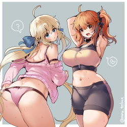 Rule 34 | 2girls, ahoge, armpits, arms behind head, arms up, artoria caster (counter stretch) (fate), artoria caster (fate), artoria pendragon (fate), ass, bare shoulders, blonde hair, blush, breasts, collarbone, fate/grand order, fate (series), fujimaru ritsuka (female), fujimaru ritsuka (female) (counter stretch), green eyes, highres, large breasts, long hair, looking at viewer, looking back, multiple girls, navel, one side up, open mouth, orange eyes, orange hair, ruri rarako, short hair, sweat, thighs, twintails