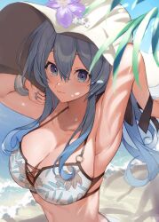 Rule 34 | 1girl, absurdres, armpits, arms up, beach, bikini, blue eyes, blue hair, breasts, cleavage, collarbone, commentary, gotland (kancolle), hair between eyes, hat, highres, kantai collection, large breasts, long hair, looking at viewer, mole, mole under eye, official alternate costume, picoli1313, shade, smile, solo, sun hat, swimsuit, tree shade, white bikini, white hat
