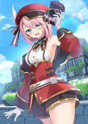 Rule 34 | 1girl, :d, arm up, bare shoulders, belt, blue eyes, blue sky, brooch, building, cabbie hat, charlotte (genshin impact), cloud, commentary request, cowboy shot, day, genshin impact, gloves, hat, high-waist skirt, highres, hyurasan, jewelry, long sleeves, miniskirt, monocle, open mouth, pink hair, red hat, red skirt, shirt, short hair, skirt, sky, smile, solo, standing, suspenders, thighs, white belt, white gloves, white shirt