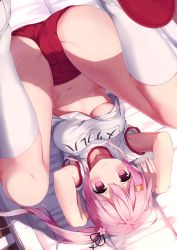 Rule 34 | 1girl, arms up, ass, blue hair, blush, breasts, buruma, character name, cleft of venus, closed mouth, clothes lift, collarbone, commentary request, ezoshika, flower, gradient hair, groin, gym uniform, hair flower, hair ornament, hair ribbon, harusame (kancolle), highres, kantai collection, long hair, looking at viewer, mat, medium breasts, multicolored hair, name tag, navel, pink eyes, pink hair, red footwear, ribbon, shirt, shirt lift, shoes, short sleeves, side ponytail, smile, socks, solo, stomach, sweat, underboob, uwabaki, white socks