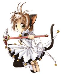 Rule 34 | 1990s (style), 1girl, animal ears, breasts, brown hair, cardcaptor sakura, cat ears, cat tail, child, fuuin no tsue, green eyes, kinomoto sakura, magical girl, maid, open mouth, pantyhose, retro artstyle, simple background, small breasts, solo, tail, takano hayato, white background