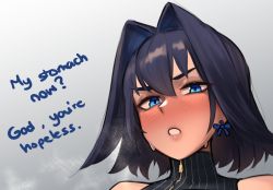 Rule 34 | 1girl, black hair, blue bow, blue eyes, bow, bow earrings, commentary, disgust, earrings, english commentary, english text, hair intakes, hololive, hololive english, jewelry, looking down, ouro kronii, paid reward available, parted lips, portrait, roresu, short hair, solo, steam, v-shaped eyebrows, virtual youtuber