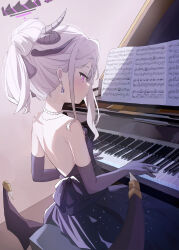 Rule 34 | 1girl, absurdres, black horns, black wings, blue archive, blush, chun jiang, closed mouth, dangle earrings, demon horns, demon wings, dress, earrings, elbow gloves, gloves, grand piano, grey hair, halo, highres, hina (blue archive), hina (dress) (blue archive), horns, instrument, jewelry, long hair, multiple horns, necklace, official alternate costume, official alternate hairstyle, piano, piano keys, purple dress, purple eyes, purple gloves, sheet music, solo, wings