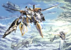 Rule 34 | absurdres, aircraft, airplane, fighter jet, flying, gun, highres, holding, holding weapon, jet, karamas, mecha, military, military vehicle, original, robot, signature, weapon