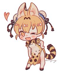 Rule 34 | &gt; o, 10s, 1girl, adapted costume, alternate hairstyle, animal ears, blonde hair, blush, china dress, chinese clothes, commentary request, double bun, dress, fang, hand on own hip, heart, hn (artist), kemono friends, multicolored hair, one eye closed, puffy short sleeves, puffy sleeves, serval (kemono friends), serval print, serval tail, short hair, short sleeves, solo, tail, yellow eyes