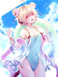 Rule 34 | 1girl, :d, andira (granblue fantasy), animal ears, antenna hair, blonde hair, blue one-piece swimsuit, breasts, casual one-piece swimsuit, cleavage, collarbone, covered navel, cowboy shot, double bun, erune, granblue fantasy, hair between eyes, hair bun, hair ornament, hair ribbon, highleg, highleg swimsuit, highres, monkey ears, one-piece swimsuit, open mouth, red eyes, red ribbon, ribbon, short hair, small breasts, smile, solo, standing, swimsuit, tail, takamura ryou, thigh gap, wrist ribbon