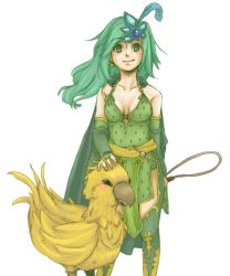 Rule 34 | 1girl, aged up, animal, aqua hair, arm behind back, bad id, bad pixiv id, bare shoulders, bird, breasts, bridal gauntlets, cape, chocobo, cleavage, closed mouth, collarbone, commentary request, dress, earrings, feathers, final fantasy, final fantasy iv, gloves, green cape, green dress, green eyes, green gloves, green thighhighs, hair ornament, headpat, jewelry, long hair, looking at viewer, rydia (ff4), simple background, sleeveless, sleeveless dress, small breasts, smile, spoilers, standing, star (symbol), star earrings, thighhighs, whip, white background, yorkie