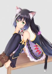 Rule 34 | 1girl, absurdres, animal ear fluff, animal ears, black hair, blouse, blush, bow, brown footwear, cat ears, cat girl, cat tail, closed mouth, detached sleeves, frilled skirt, frills, green eyes, grey background, hair between eyes, hair bow, highres, huge filesize, karyl (princess connect!), long hair, long sleeves, looking at viewer, low twintails, mimori (mimori 05), miniskirt, multicolored hair, pink bow, princess connect!, purple skirt, shirt, simple background, skirt, sleeveless, sleeveless shirt, smile, solo, streaked hair, tail, twintails, very long hair, white shirt