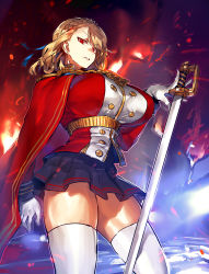 Rule 34 | 1girl, azur lane, belt, blonde hair, blue ribbon, blue skirt, braid, breasts, cape, earrings, gloves, hair ribbon, highres, holding, holding sword, holding weapon, huge breasts, jacket, jewelry, legs apart, long sleeves, looking at viewer, melon22, miniskirt, parted lips, pleated skirt, prince of wales (azur lane), red cape, red eyes, red jacket, ribbon, skirt, solo, standing, sword, thighhighs, thighs, weapon, white gloves, white thighhighs, zettai ryouiki