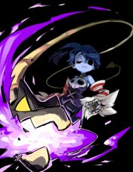 Rule 34 | 1girl, blue skin, colored skin, detached collar, detached sleeves, leviathan (skullgirls), one-eyed, purple eyes, skullgirls, smile, squigly (skullgirls), stitched mouth, stitches, yuriyuri (ccc), zombie