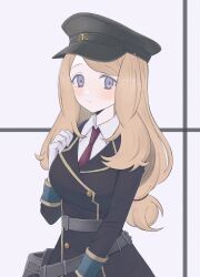 Rule 34 | 1girl, alternate costume, black hat, black jacket, blonde hair, blush, breasts, buttons, closed mouth, collared shirt, commentary request, creatures (company), game freak, gloves, grey bag, grey eyes, hand up, hat, highres, jacket, long hair, medium breasts, nasakixoc, necktie, nintendo, pokemon, pokemon xy, red necktie, serena (pokemon), shirt, solo, white background, white gloves, white shirt