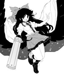 Rule 34 | 1girl, arm cannon, between breasts, black eyes, black footwear, black hair, black wings, boots, bow, breasts, bright pupils, cannon, cloak, collar, collared shirt, frilled shirt collar, frilled skirt, frills, grey bow, grey eyes, grey skirt, greyscale, hair bow, hair ornament, hand up, highres, leg up, loafers, long hair, looking at viewer, looking to the side, maguro (mawaru sushi), medium breasts, midair, miniskirt, monochrome, open mouth, pointing, pointing up, puffy short sleeves, puffy sleeves, reiuji utsuho, shirt, shoes, short sleeves, simple background, skirt, smile, solo, standing, standing on one leg, starry sky print, teeth, touhou, upper teeth only, very long hair, weapon, white background, white cloak, white shirt, wings