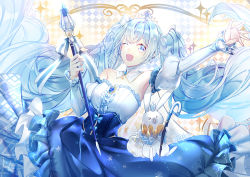 Rule 34 | 1girl, absurdly long hair, amulet, argyle, argyle background, argyle clothes, blue dress, blue eyes, blue hair, cane, commentary, crown, crystal, detached sleeves, dress, earrings, framed breasts, frilled dress, frills, hair ornament, hand up, hatsune miku, jewelry, layered dress, light blue hair, long hair, looking at viewer, maokezi, neck ruff, outstretched arm, princess, puffy sleeves, rabbit, rabbit yukine, scepter, sleeveless, sleeveless dress, snowflake earrings, snowflake print, strapless, strapless dress, striped sleeves, tiara, twintails, upper body, very long hair, vocaloid, white sleeves, yuki miku, yuki miku (2019)