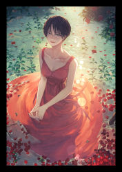 Rule 34 | 1girl, bare shoulders, black border, black hair, border, breasts, brown eyes, character request, cleavage, collarbone, copyright request, dress, flower, flower tattoo, hair between eyes, highres, imoni (gggzooo), looking at viewer, medium breasts, official art, own hands together, petals, red dress, red lips, rose, short hair, solo, tattoo, water