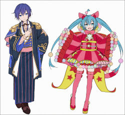 Rule 34 | + +, 1boy, 1girl, :d, black jacket, black kimono, blue eyes, blue hair, boots, brown footwear, closed mouth, epaulettes, fake facial hair, fake mustache, fang, hair between eyes, hakusai (tiahszld), hatsune miku, jacket, japanese clothes, kaito (vocaloid), kimono, long hair, long sleeves, looking at viewer, obi, open clothes, open jacket, open mouth, pinching sleeves, pink footwear, project sekai, purple hair, sash, shoes, simple background, sleeves past wrists, smile, standing, star (symbol), striped clothes, striped kimono, thigh boots, two side up, vertical-striped clothes, vertical-striped kimono, very long hair, vocaloid, white background, wide sleeves, wonderlands x showtime (project sekai), wonderlands x showtime kaito, wonderlands x showtime miku