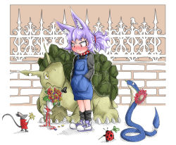 Rule 34 | 1girl, animal, animal ears, blush, bouquet, bug, clothed animal, clover, cobra (animal), collar, commentary, dog child (doitsuken), dog ears, doitsuken, embarrassed, extra legs, flower, four-leaf clover, grey shirt, grey socks, hands in pockets, highres, holding, holding flower, insect, ladybug, long sleeves, mouse (animal), mouth hold, nose blush, original, overalls, ponytail, purple hair, red eyes, red flower, red rose, revision, rose, shirt, shoes, slit pupils, sneakers, socks, solo, spiked collar, spikes, standing, sweatdrop, turtle