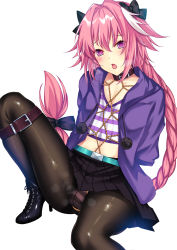 Rule 34 | 1boy, androgynous, astolfo (fate), astolfo (memories at trifas) (fate), bdsm, black bow, bondage, boots, bound, bound wrists, bow, braid, bulge, collar, crotch rope, fang, fate/apocrypha, fate (series), hair ribbon, high heel boots, high heels, majin (kiidoumajin), male focus, official alternate costume, open mouth, panties, pantyhose, pink hair, purple eyes, restrained, ribbon, rope, shibari, shibari over clothes, single braid, skirt, striped clothes, striped panties, trap, underwear