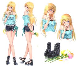 Rule 34 | 1girl, ;), alice gear aegis, bare shoulders, black footwear, blonde hair, blush, closed mouth, criss-cross halter, crossed legs, cutoffs, finger to mouth, flower, full body, grin, halterneck, hand up, holding, holding flower, index finger raised, legs, long hair, looking at viewer, multiple views, no socks, one eye closed, ruffling hair, shirt, shoes, short shorts, shorts, shushing, smile, standing, striped clothes, striped shirt, swordsouls, teeth, white background