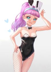 Rule 34 | 1girl, :d, absurdres, akajiyuuki, animal ears, bare shoulders, black bow, black bowtie, black leotard, blue eyes, blue hairband, blunt bangs, bow, bowtie, breasts, cleavage, collarbone, covered navel, detached collar, fake animal ears, fishnet legwear, fishnets, gluteal fold, hairband, hand on own hip, heart, high ponytail, highres, laura la mer, leotard, long hair, natsuumi manatsu, open mouth, pink hair, playboy bunny, precure, rabbit ears, small breasts, smile, solo, standing, strapless, strapless leotard, thigh gap, tropical-rouge! precure, white background