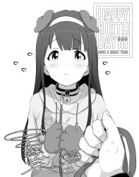 Rule 34 | 1boy, 1girl, :&lt;, animal collar, animal ears, animal hands, blush, collar, collarbone, commentary, dog ears, dot nose, drawstring, gloves, greyscale, hairband, hands up, happy birthday, heart, heart-shaped lock, highres, holding, holding leash, hood, hoodie, idolmaster, idolmaster million live!, idolmaster million live! theater days, leash, long hair, long sleeves, looking at viewer, minazuki tooru, monochrome, overalls, paw gloves, sidelocks, sweat, tanaka kotoha, white background