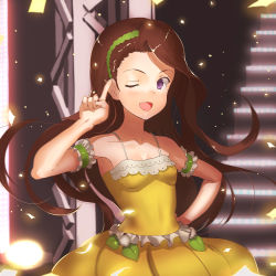 Rule 34 | 1girl, ;d, arm strap, asymmetrical hair, blurry, blurry background, breasts, brown hair, cleavage, collarbone, floating hair, frilled shirt, frills, green hairband, hairband, hand on own hip, idolmaster, idolmaster (classic), index finger raised, jyon, long hair, looking at viewer, minase iori, one eye closed, open mouth, pleated skirt, purple eyes, shirt, skirt, sleeveless, sleeveless shirt, small breasts, smile, solo, stage, standing, very long hair, vital sunflower, yellow shirt, yellow skirt