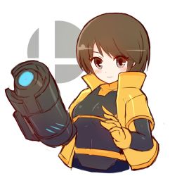 Rule 34 | 1girl, alcohol, arm cannon, bad id, bad twitter id, black bodysuit, blush, bodysuit, breasts, brown eyes, brown hair, closed mouth, commentary request, dot nose, eyes visible through hair, gloves, grey background, jacket, light smile, looking at viewer, mii (nintendo), mii gunner, mii gunner (smash ultimate), nintendo, short hair, short sleeves, simple background, sketch, solo, super smash bros., suta (clusta), upper body, weapon, white background, yellow gloves, yellow jacket