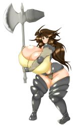 Rule 34 | 1girl, axe, breasts, brown hair, gigantic breasts, green eyes, highres, simple background, solo, tagme, warrior, weapon