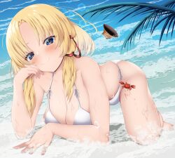Rule 34 | 1girl, absurdres, bikini, blonde hair, blue eyes, blush, breasts, brown headwear, closed mouth, commentary, crab, english commentary, full body, highres, korean commentary, large breasts, looking at viewer, medium hair, mixed-language commentary, moriya suwako, musi tino, ocean, outdoors, palm tree, sidelocks, smile, solo, swimsuit, touhou, tree, white bikini