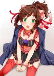 Rule 34 | 10s, 1girl, animal ears, blush, brown hair, cat ears, cat tail, fang, garter straps, gradient background, green eyes, highres, idolmaster, idolmaster cinderella girls, jacket, maekawa miku, midriff, open mouth, over the collar, ponytail, red thighhighs, revision, short hair, solo, tail, tarachine, thighhighs