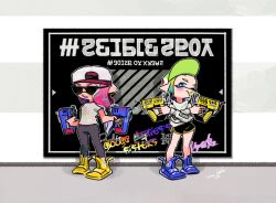 Rule 34 | 2girls, backwards hat, black shorts, blonde hair, blue eyes, blue footwear, blush, colored tongue, crossed arms, dual wielding, full body, graffiti, green hat, grey hat, grey shirt, grimace, hat, holding, inkling (language), inkling girl, inkling player character, licking, licking weapon, long sleeves, looking at viewer, multiple girls, nicoharico, nintendo, pink hair, pointy ears, shirt, shoes, short hair, shorts, signature, splatoon (series), standing, sunglasses, t-shirt, tentacle hair, weapon, yellow footwear, yellow tongue