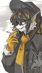 Rule 34 | 1boy, absurdres, arknights, between fingers, black-framed eyewear, black hair, black headwear, black jacket, blonde hair, cigarette, fang, fish boy, glasses, gloves, hand up, highres, holding, holding cigarette, jacket, kaguura (kagu), lee (arknights), long sleeves, looking at viewer, male focus, multicolored hair, parted lips, puffy long sleeves, puffy sleeves, simple background, sketch, smirk, smoke, solo, streaked hair, upper body, white background, yellow eyes, yellow gloves