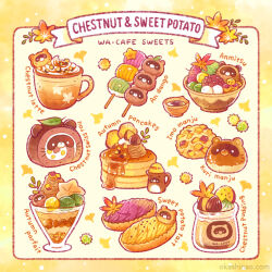 Rule 34 | animal-themed food, anmitsu (dessert), autumn, autumn leaves, baozi, border, bowl, cake, chestnut, coffee, cup, dango, english text, food, food focus, fruit, glass, grapes, ice cream, jar, maple syrup, matcha (food), nao (bestrollever), no humans, original, pancake, parfait, pudding, raccoon, sanshoku dango, simple background, starfruit, sweet potato, swiss roll, tart (food), teacup, wagashi, watermark, whipped cream, white background, yellow border
