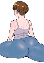 Rule 34 | 1girl, ass, back, breasts, denim, elf-san wa yaserarenai., exercising, facing away, ino akiho, jeans, large breasts, pants, short hair, simple background, sketch, spread legs, stretched limb, synecdoche, tank top, thick thighs, thighs, white background
