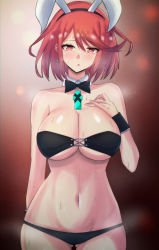 Rule 34 | 1girl, absurdres, animal ears, bow, bowtie, breasts, chest jewel, fake animal ears, highres, large breasts, latte, leotard, lingerie, navel, playboy bunny, pyra (xenoblade), rabbit ears, red eyes, red hair, short hair, solo, swept bangs, underwear, xenoblade chronicles (series), xenoblade chronicles 2