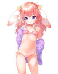 Rule 34 | 1girl, :3, animal ears, bikini, blush, bow, bow bikini, breasts, commentary request, cowboy shot, hair bow, highres, jacket, long hair, looking at viewer, mutou mato, off shoulder, open clothes, open jacket, original, pink background, pink hair, purple eyes, purple jacket, simple background, sketch, small breasts, smile, swimsuit, wavy hair, white background