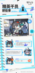 Rule 34 | animal ears, arknights, black gloves, black hair, blank stare, blaze (arknights), cat ears, cat girl, chest strap, chibi, chinese commentary, demon boy, demon horns, gloves, hairband, highres, holding, holding wand, horns, infection monitor (arknights), jacket, logos (arknights), official art, pointy ears, red hairband, shoulder strap, tai la ji shi she, tank top, translation request, wand, white jacket, white tank top