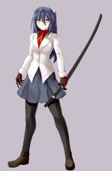 Rule 34 | 1girl, absurdres, black gloves, black pantyhose, blue hair, blue skirt, breasts, brown footwear, closed mouth, collared shirt, commentary request, full body, gloves, grey background, highres, holding, holding sword, holding weapon, jacket, katana, legs apart, long sleeves, looking at viewer, medium breasts, minarai tenna, original, pantyhose, red shirt, scabbard, sheath, sheathed, shirt, shoes, simple background, skirt, solo, standing, sword, weapon, white jacket, wing collar, yellow eyes