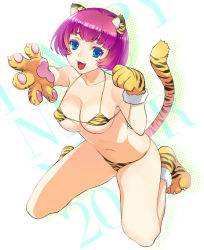 Rule 34 | 10s, 1girl, 2010, animal ears, animal hands, animal print, bad id, bad pixiv id, bikini, blue eyes, breasts, chinese zodiac, covered erect nipples, fang, kneeling, large breasts, leaning forward, micro bikini, new year, original, outstretched arm, outstretched hand, paw pose, pink hair, reaching, sage joh, short hair, solo, swimsuit, tail, tiger (chinese zodiac), tiger ears, tiger print, tiger tail, yellow bikini