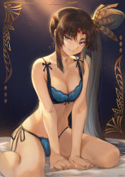 Rule 34 | 1girl, bare shoulders, black hair, blue bra, blue eyes, blue panties, blush, bra, breasts, circlet, closed mouth, collarbone, fate/grand order, fate (series), feather hair ornament, feathers, hair ornament, highres, lace, lace-trimmed bra, lace-trimmed panties, lace trim, long hair, looking at viewer, mashuu (neko no oyashiro), panties, parted bangs, side ponytail, sitting, small breasts, smile, solo, thighs, underwear, underwear only, ushiwakamaru (fate), wariza