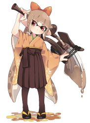 Rule 34 | 1girl, blunt bangs, blush, bow, brown hair, full body, hakama, hakama skirt, inkling, inkling girl, inkling player character, japanese clothes, kimono, maco spl, mask, nintendo, paint, paintbrush, pantyhose, red bow, red eyes, sandals, short eyebrows, skirt, solo, standing, tentacle hair, wide sleeves