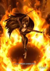 Rule 34 | 1girl, barefoot, belial (artist), black hair, breasts, cape, choker, cleavage, demon&#039;s souls, dress, feet, female focus, fire, from software, full body, jewelry, long hair, looking up, maiden in black, necklace, solo, staff