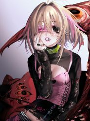 1girl antenna_hair bad_id bad_twitter_id breasts collar ear_piercing eyepatch gradient_background guro hair_intakes highres lilith_(unxi) original piercing tagme unxi