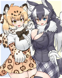 Rule 34 | 2girls, :d, alternate breast size, animal ear fluff, animal ears, animal print, asymmetrical docking, belt, between breasts, black hair, black jacket, black legwear, blazer, blonde hair, blue eyes, bow, bowtie, breast pocket, breast press, breasts, brown bow, brown hair, brown neckwear, cat girl, center frills, center opening, cleavage, colored inner hair, elbow gloves, extra ears, fang, frills, fur collar, fur scarf, gloves, grey hair, grey wolf (kemono friends), hair between eyes, hand up, heterochromia, high-waist skirt, highres, holding hands, impossible clothes, impossible shirt, interlocked fingers, jacket, jaguar (kemono friends), jaguar ears, jaguar girl, jaguar print, jaguar tail, kemono friends, large breasts, long hair, long sleeves, looking at viewer, medium hair, microskirt, miniskirt, mo23, multicolored hair, multiple girls, necktie, necktie between breasts, open mouth, paw pose, plaid, plaid neckwear, plaid skirt, pleated skirt, pocket, pointing, pointing at viewer, print gloves, print legwear, print neckwear, print scarf, print skirt, scarf, shirt, short sleeves, sidelocks, skindentation, skirt, smile, tail, thighhighs, white gloves, white hair, white shirt, wolf ears, wolf girl, wolf tail, yellow eyes, zettai ryouiki