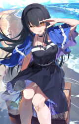 Rule 34 | 1girl, :d, arm at side, beach, black choker, black dress, black hair, blue capelet, blush, bone hair ornament, breasts, brown bag, capelet, choker, cleavage, cleavage cutout, clothing cutout, collarbone, commentary, cowboy shot, day, dress, eyelashes, floating hair, frilled capelet, frilled choker, frilled dress, frills, hair between eyes, hair ornament, hand up, highres, jewelry, key, key necklace, knees together feet apart, kushima kamome, large breasts, long hair, looking at viewer, nanashita shiki, necklace, ocean, open mouth, outdoors, shading eyes, sidelocks, sitting, skull and crossbones, skull hair ornament, smile, solo, straight-on, summer pockets, teeth, upper teeth only, very long hair, waves, wind, wind lift, yellow eyes